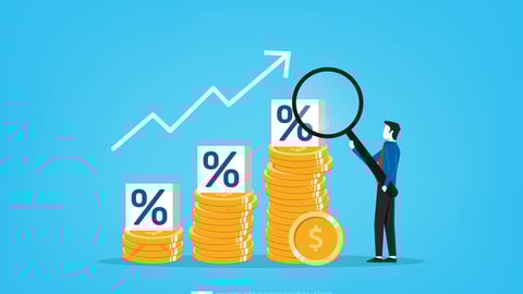 Interest rate hike due to inflation percentage rising up, businessman hold magnifying with pile of coins symbol, business concept illustration