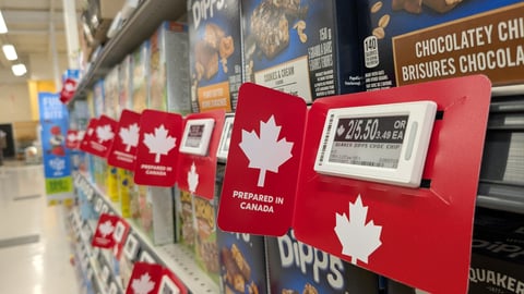 Labels on Canadian made goods at grocery store in response to the Trump administrations tariffs on Canadian goods in Ontario.