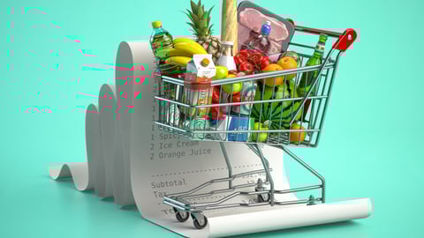 Shopping cart with foods on receipt. Grocery expenses budget, inflation and consumerism concept. 3d illustration