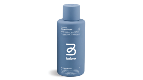 A bottle of Before Brilliant Breath MouthWash