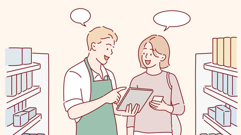 A woman receiving help from a store clerk. Hand drawn style vector design illustrations