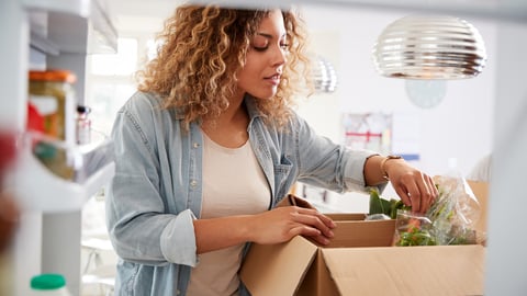 View Looking Out From Inside Of Refrigerator As Woman Unpacks Online Home Food Delivery; Shutterstock ID 1459827464