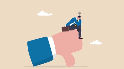 Demotivation from failure, mistake or negative feedback, no passion or burnout from exhausted work, mental breakdown or depression concept, sad stressed businessman sit on negative thumb down symbol.; Shutterstock ID 2134128419
