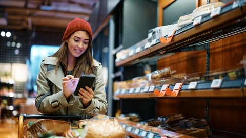 Young woman going through grocery list on mobile phone while buying in supermarket.; Shutterstock ID 2258410839