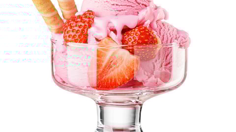 Strawberry pink ice cream scoops served on a glass dessert bowl isolated on white background.; Shutterstock ID 2322743967