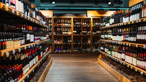 Liquor store background. Alcohol retail industry. Wine bottles on shelves in wine shop.; Shutterstock ID 2391666941