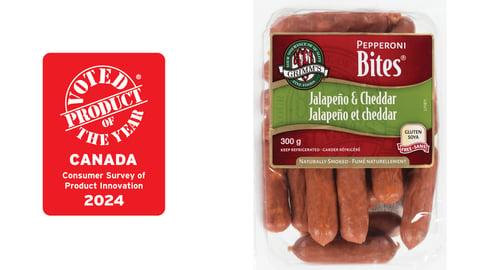 Product of the Year logo next to a pack of Grimm’s Fine Foods Jalapeño & Cheddar Pepperoni Bites