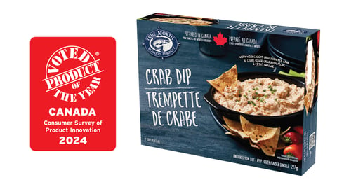 Product of the Year logo next to a box of True North frozen crab dip