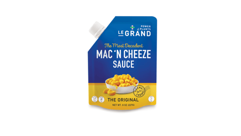 A pouch of Le Grand Plant-Based Mac & Cheeze Sauce
