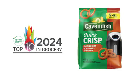 A bag of Cavendish Farms Quick Crisp next to the Top 10 in Grocery logo