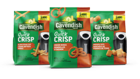 Packs of Cavendish Farm Quick Crisp products including Potato Tots, Onion Rings and Slim Steak Cut Fries