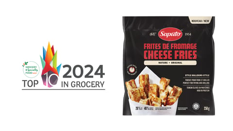 Pack of Saputo halloumi fries next to the Top 10 in Grocery logo