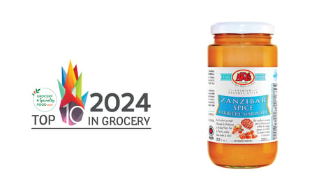 A jar of AKI's ZANZIBAR BBQ MARINADE next to the top 10 in grocery logo