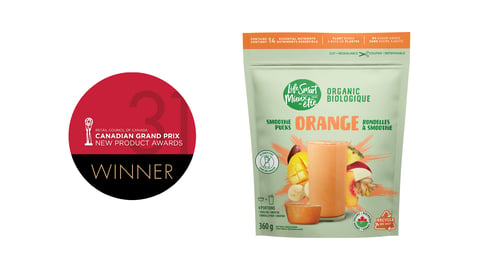 A bag of Life Smart Organic Smoothie Pucks next to the Grand Prix logo