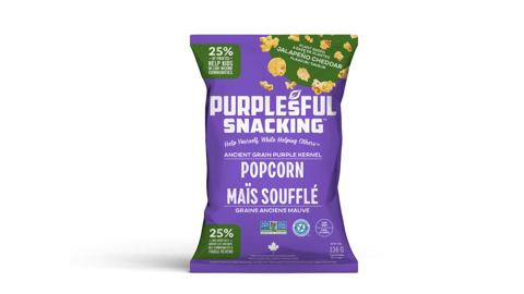 A bag of Plant-based Jalapeño Cheddar Purplesful Popcorn