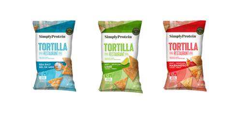 Bags of SimplyProtein's Restaurant Style Tortilla Chips
