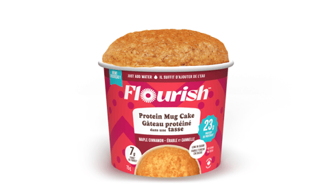 Flourish Protein Mug Cake lid off, maple flavour