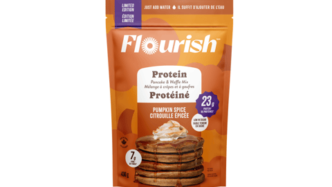 Package of Flourish Pumpkin Spice Protein Pancake And Waffle Mix
