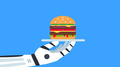 robot hand holding a hamburger