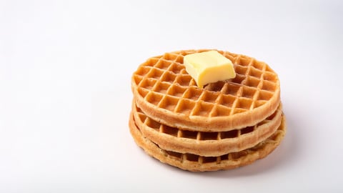 Homemade stack of Belgian waffles with crispy crust, and a pad of butter and syrup, tasty food. made with a hot waffle iron isolated on white background; Shutterstock ID 2463922913