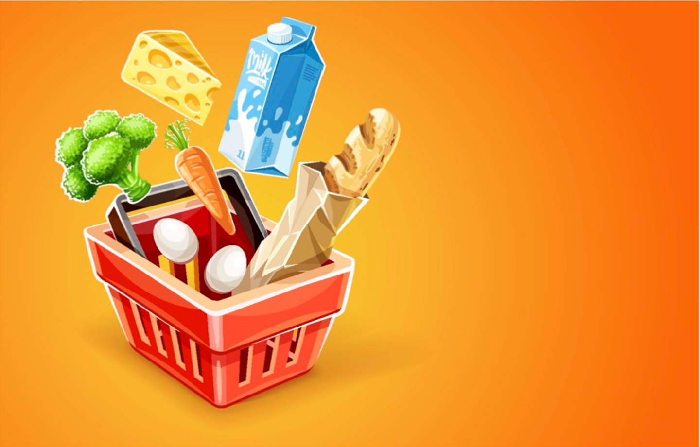 Shopping basket. Organic food sale concept. Goods products falling down into red basket. Milk package, cheese, vegetables broccoli cabbage and carrot, bread baguette in paper packaging, eggs.