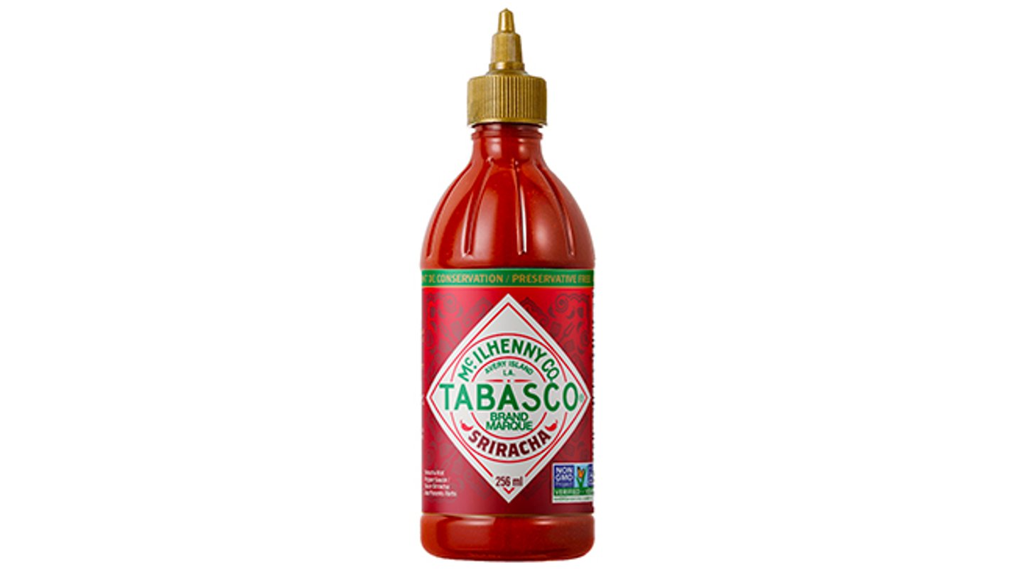 Bottle of red Tabasco Sriracha Sauce