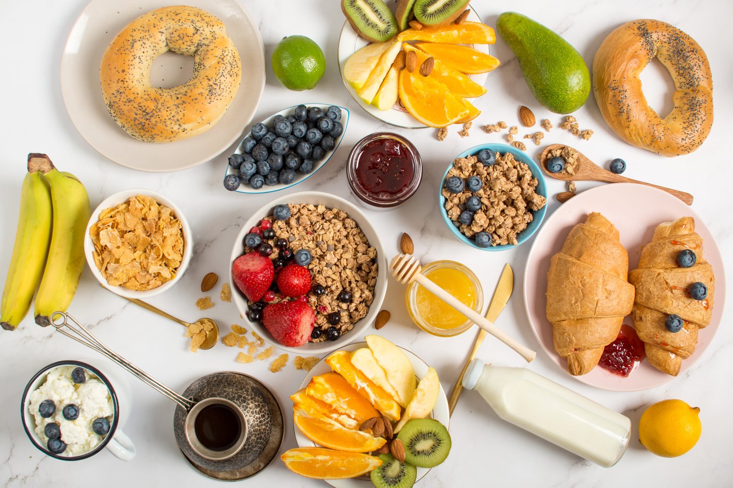 Top view of a healthy breakfast on a grey background