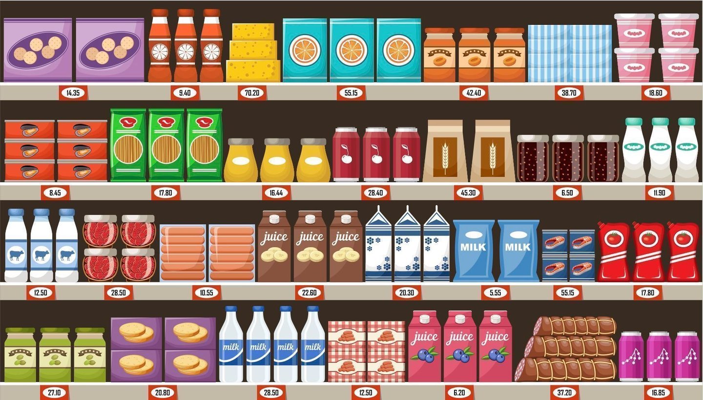 Illustration of products on a grocery store shelf