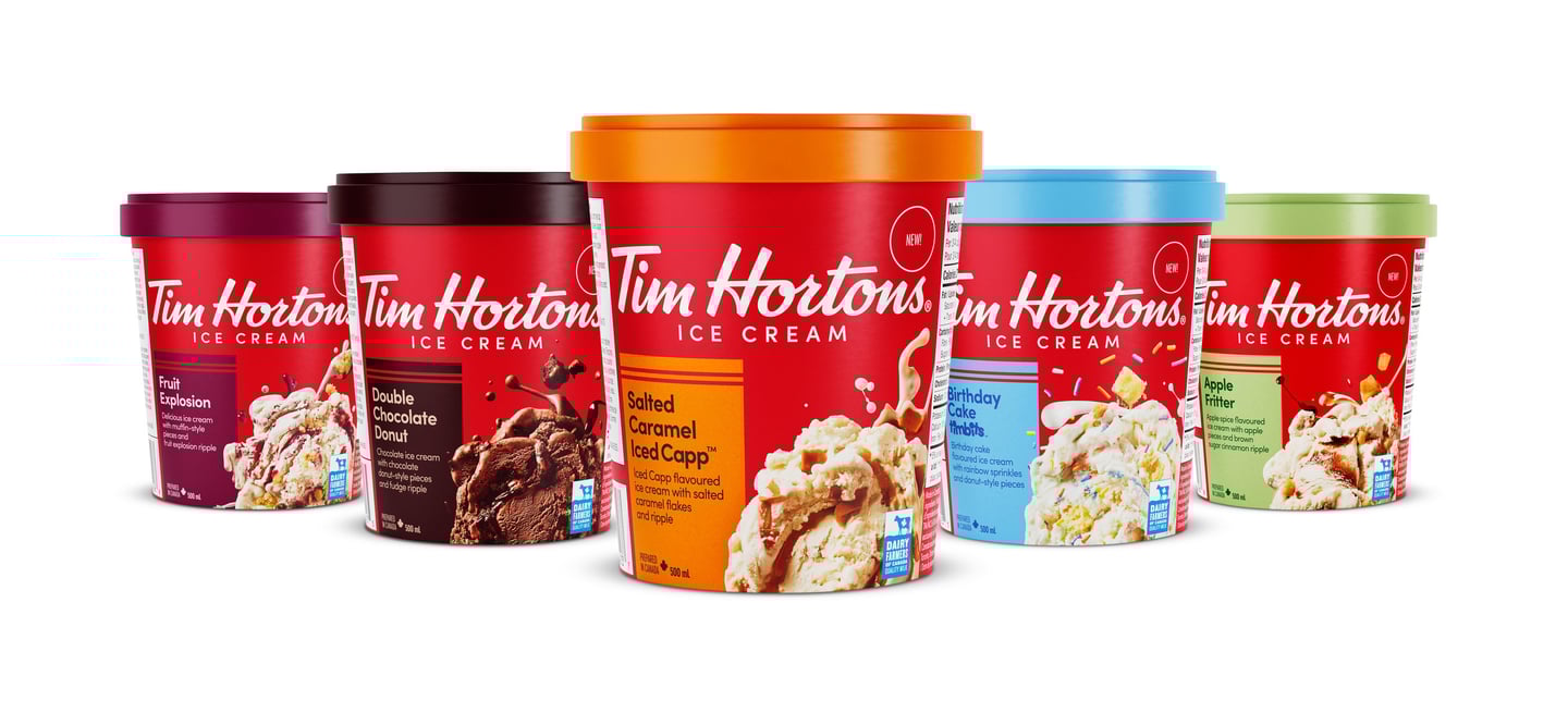 Lineup of Tim Hortons ice cream tubs