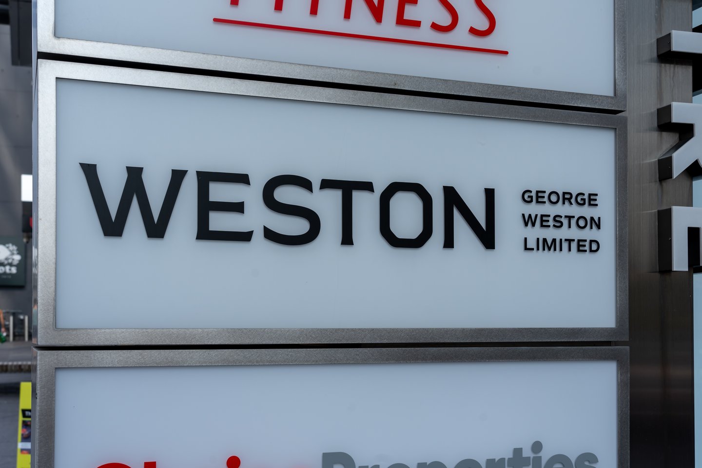 Close up of George Weston Limited company sign in Toronto, Canada. Weston is a Canadian food processing and distribution company.