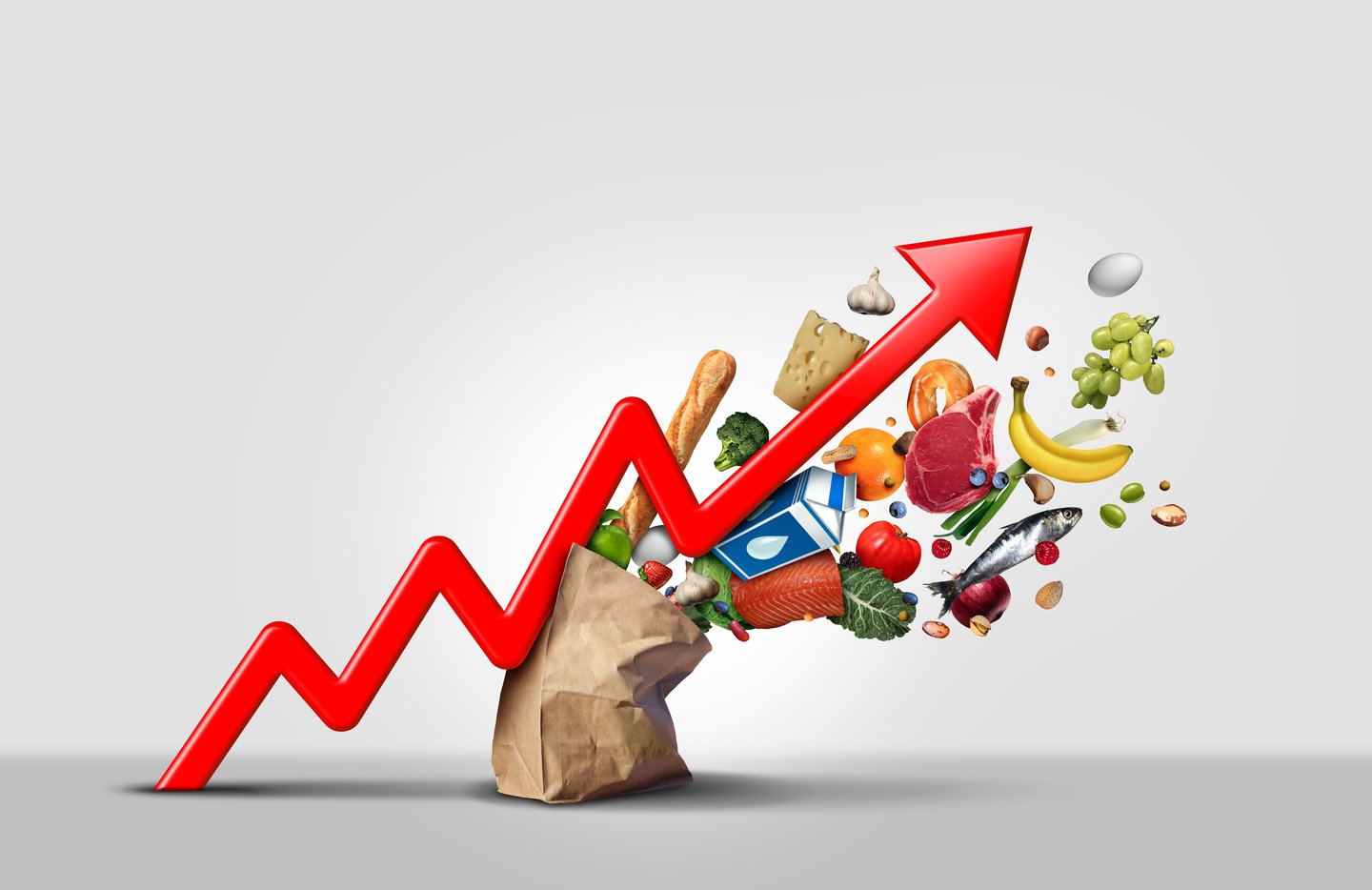 Rising food cost and grocery prices surging costs of supermarket groceries as an inflation financial crisis concept hit by as a finance graph arrow with 3D render elements.