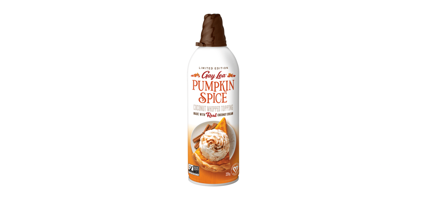 A can of Gay Lea Pumpkin Spice Coconut Whipped Topping