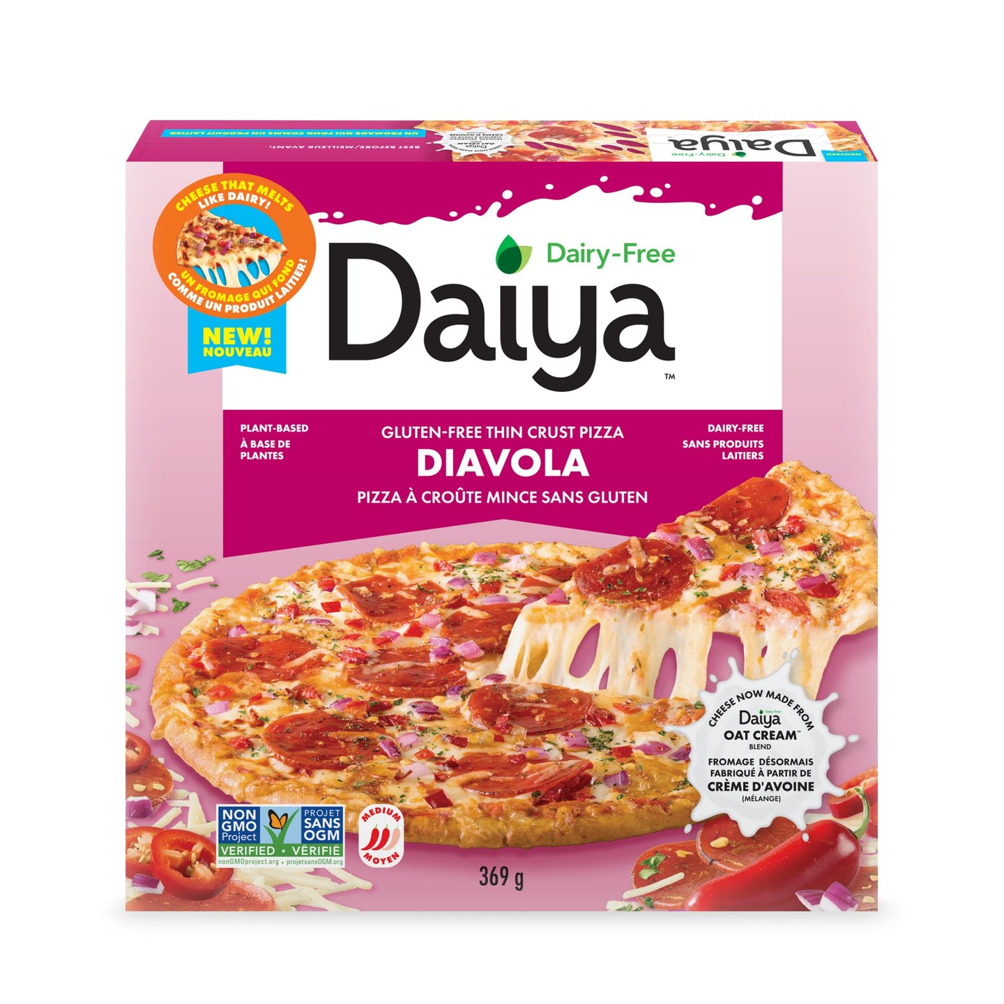 A box of Daiya's diavola pizza