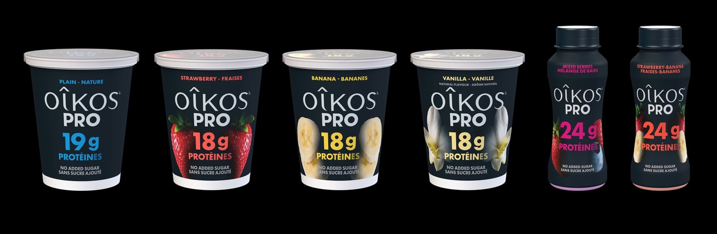 A lineup of yogurt products from the Oikos PRO line from Danone Canada