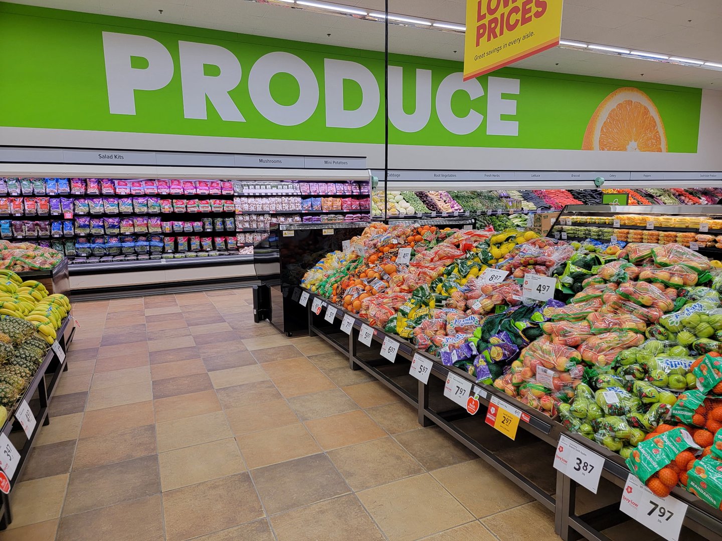 Produce department at Buy-Low Foods' Grand Prairie store