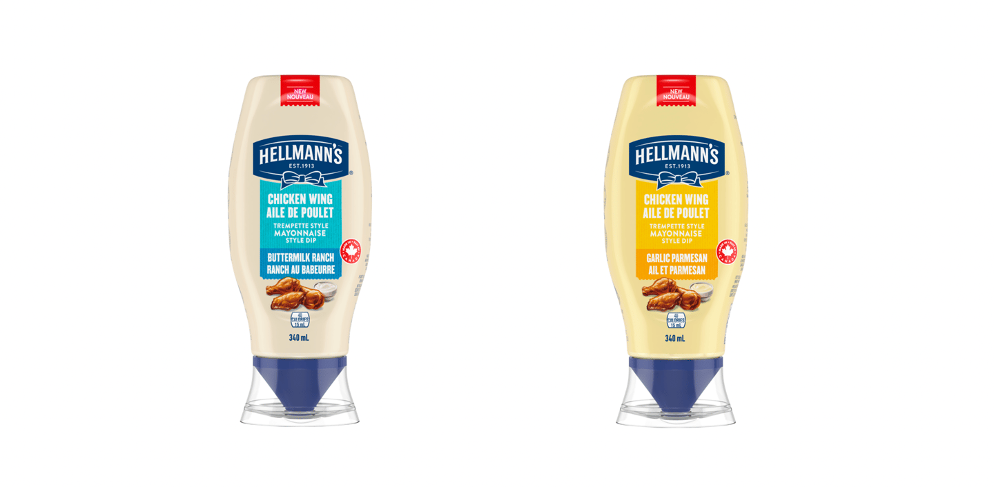 Two bottles of Chicken Wing Mayonnaise Style Dips in Garlic Parmesan and Buttermilk Ranch 