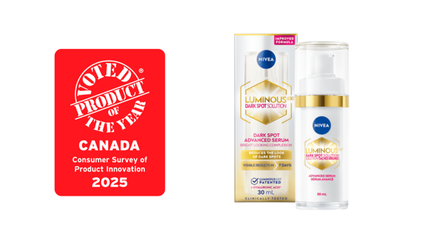 A bottle of NIVEA LUMINOUS630® Dark Spot Solution Advanced Serum next to the Product of the Year logo