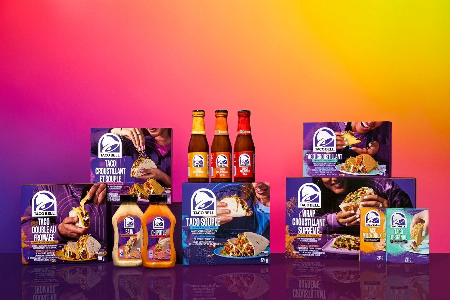 The Taco Bell at Home line of products against a vibrant background