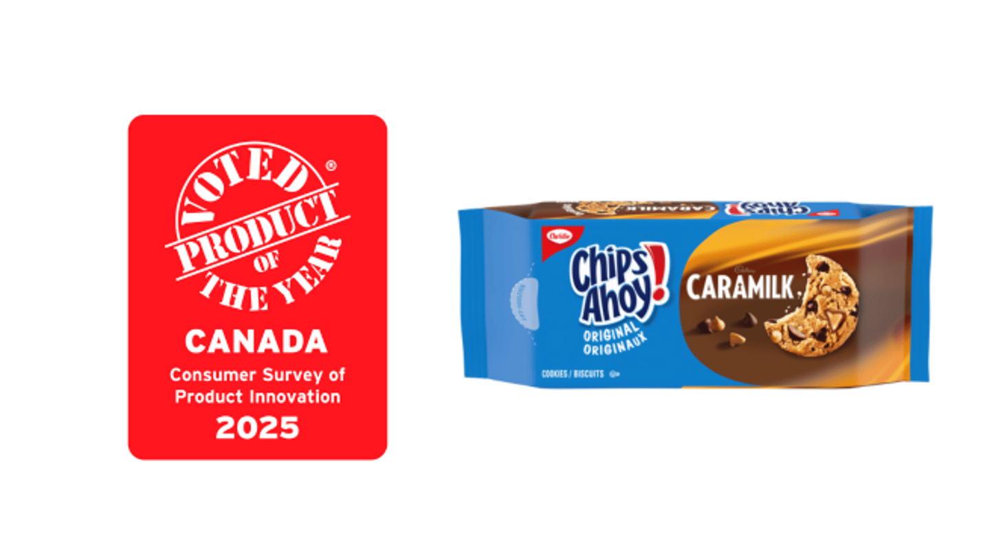 A pack of Chips Ahoy! Caramilk next to a Product of the Year logo