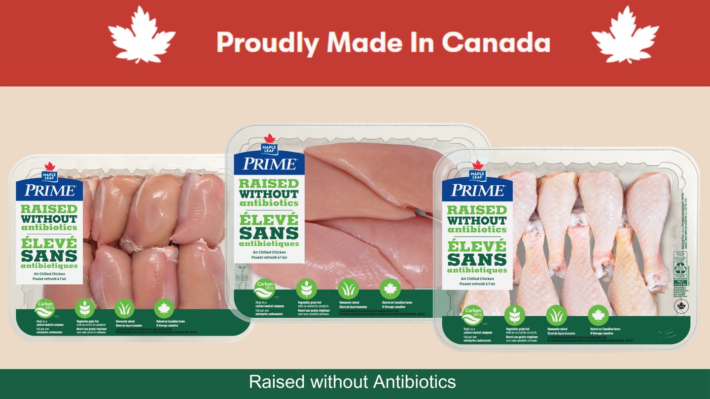 three packs of Maple Leaf Prime Raised without Antibiotics Chicken with a Proudly Made in Canada banner along the top