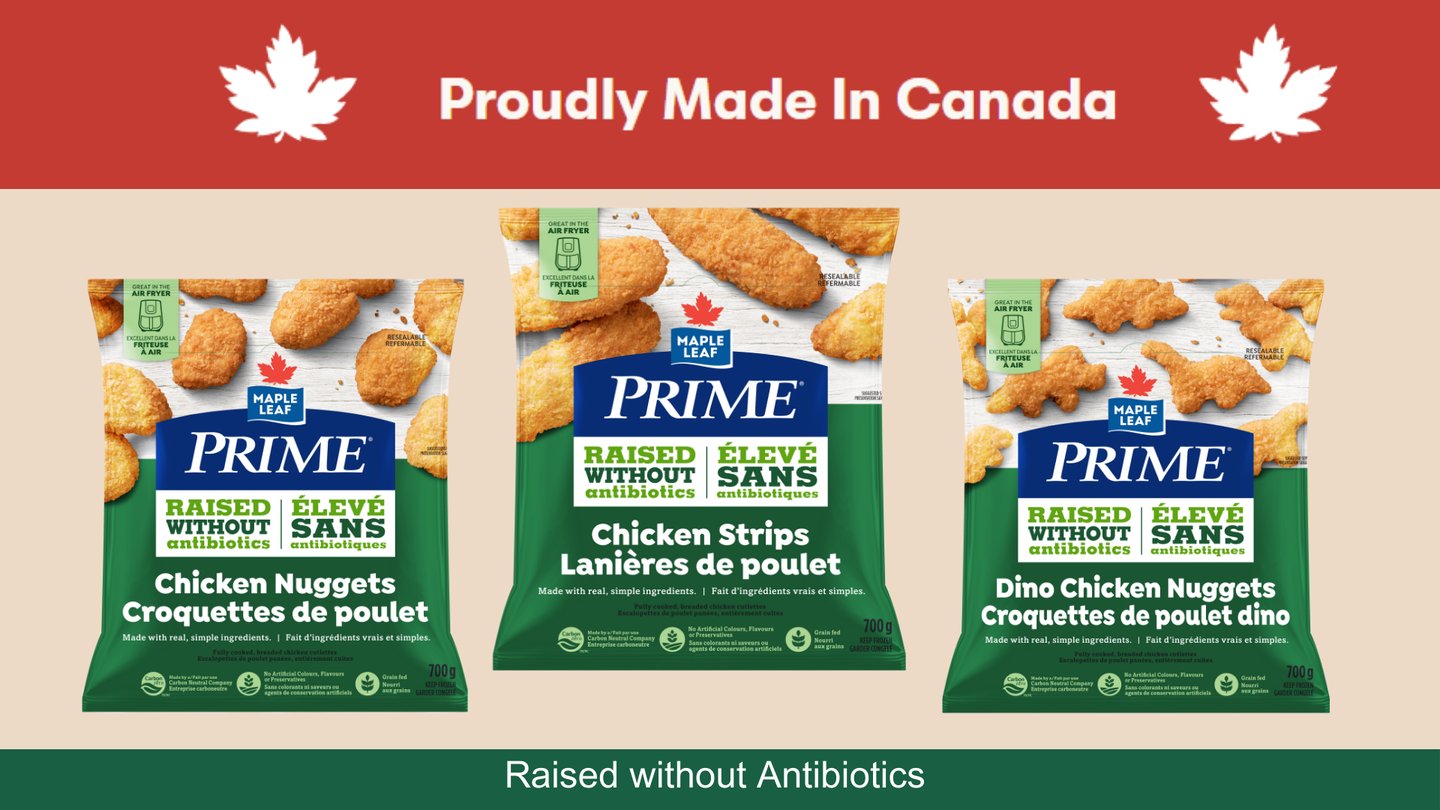 Three packs of Maple Leaf  Prime Raised Without Antibiotics Frozen Chicken with a Proudly Made in Canada banner along the top
