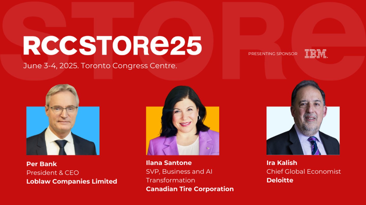 Promo for RCC STORE conference with headshots of Per Bank from Loblaw, Iiana Santone from Canadian Tire and Ira Kalish from Deloitte