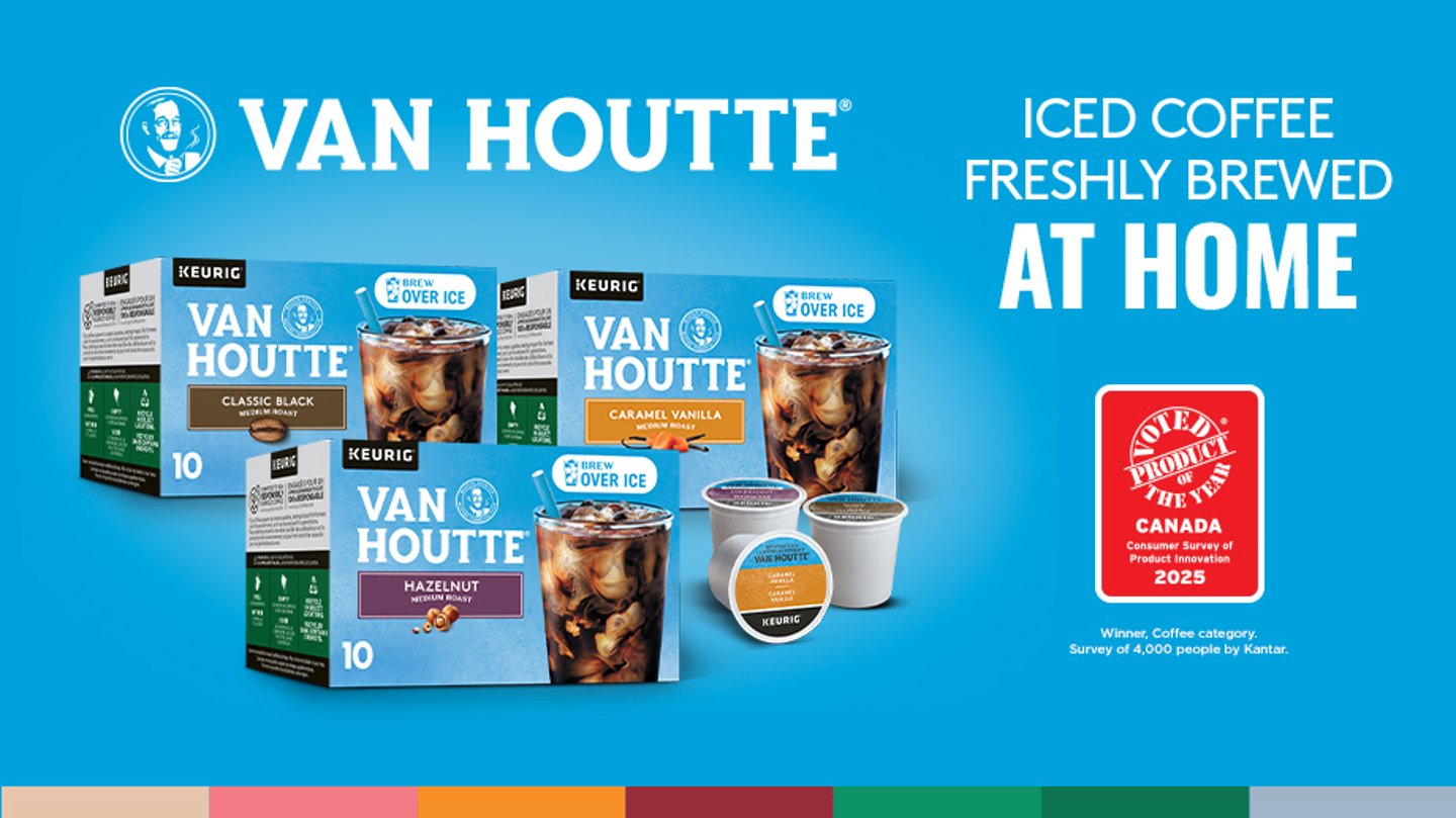 Package shots of Van Houtte Brew Over Ice alongside a Product of the Year logo