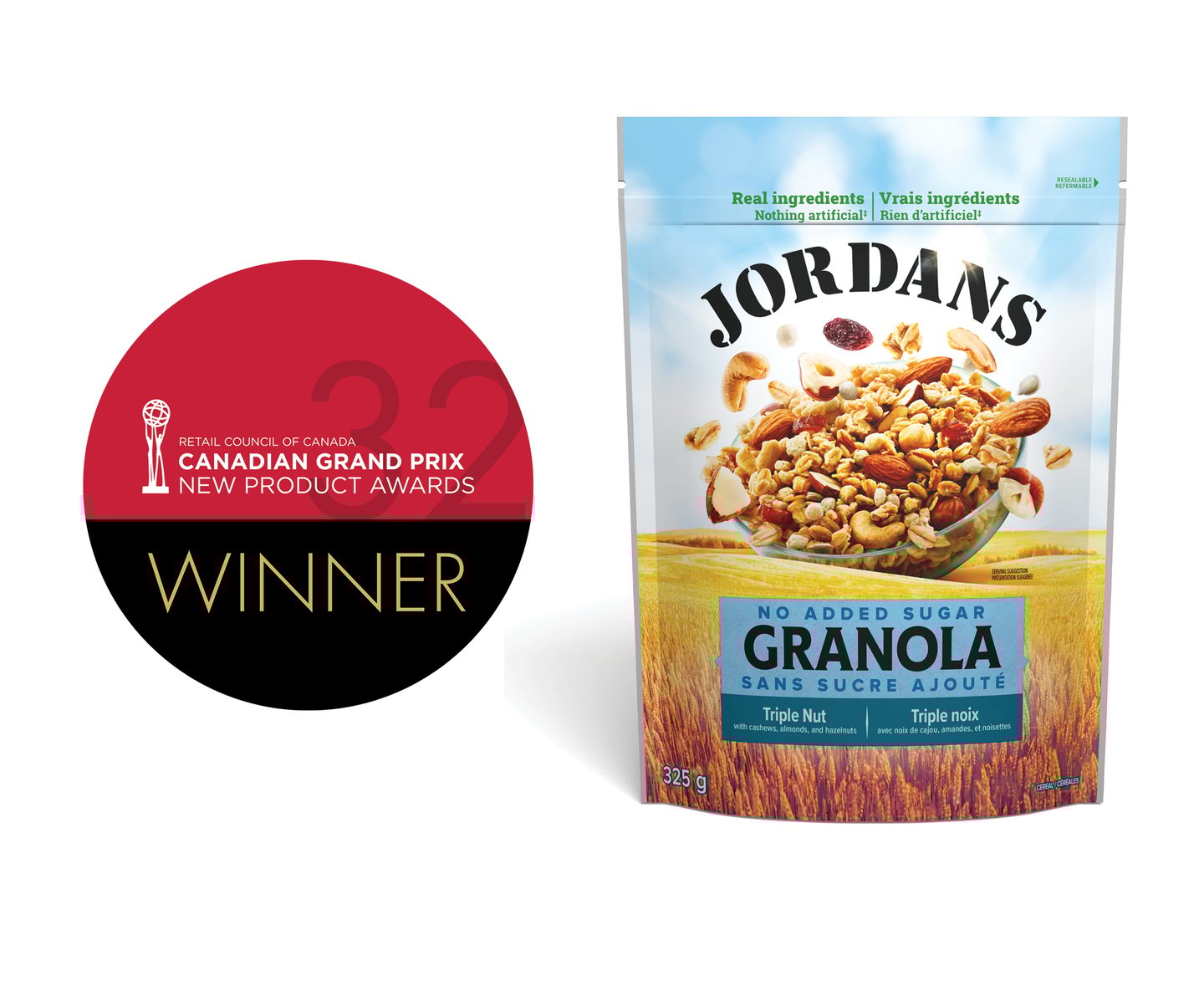 A box of Jordans No added Sugar Granola next to the Grand Prix winners logo