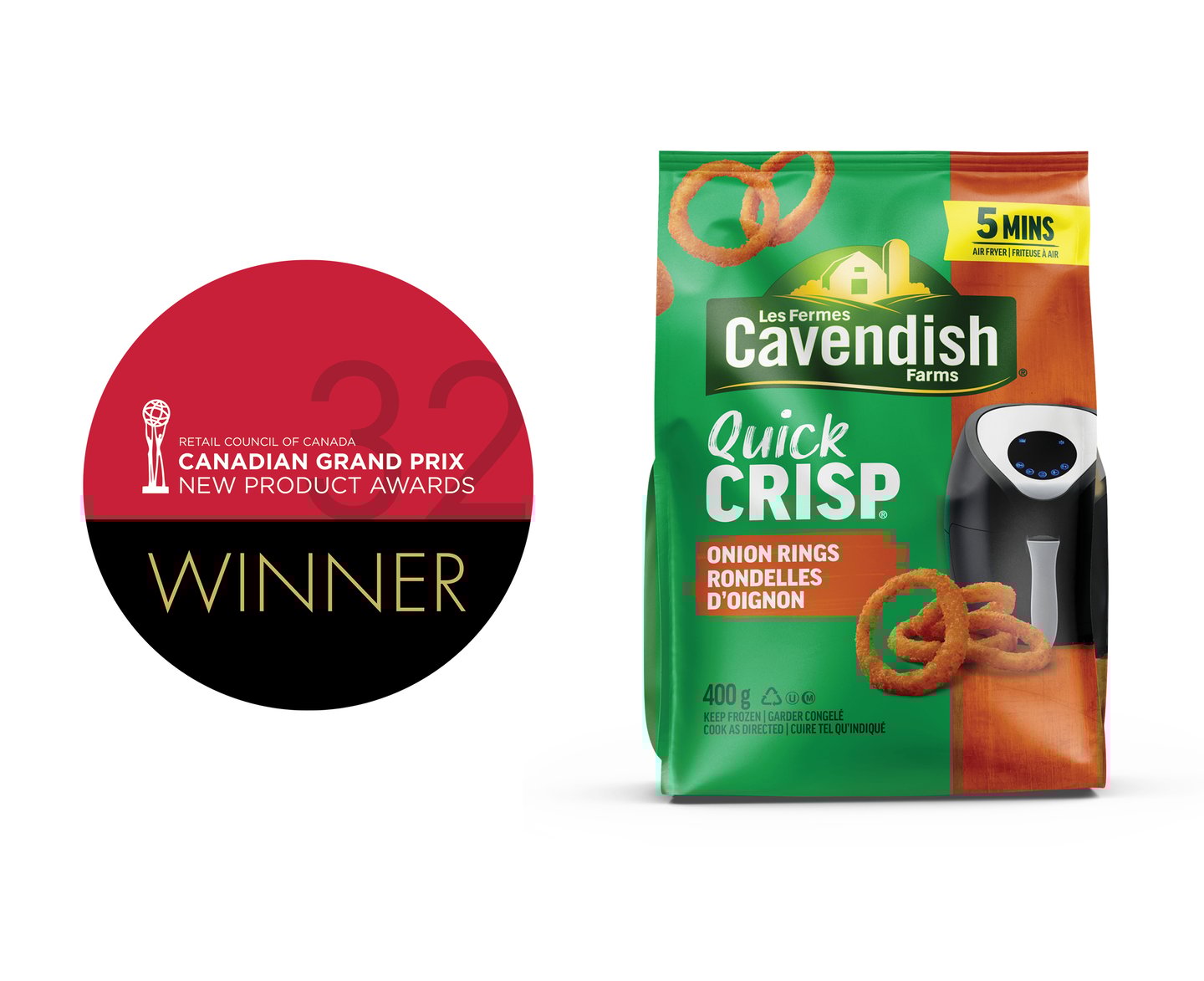 A pack of Cavendish Quick Crisp onion rings next to the Grand Prix winners logo