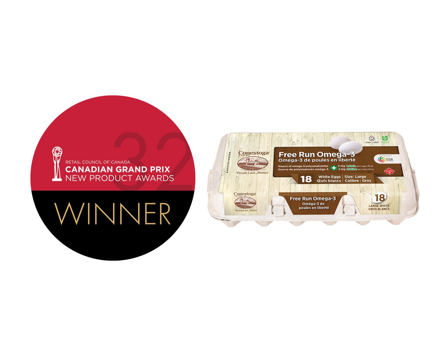 A carton Free Run Omega-3 + Lutein Eggs next to the Grand Prix winners logo
