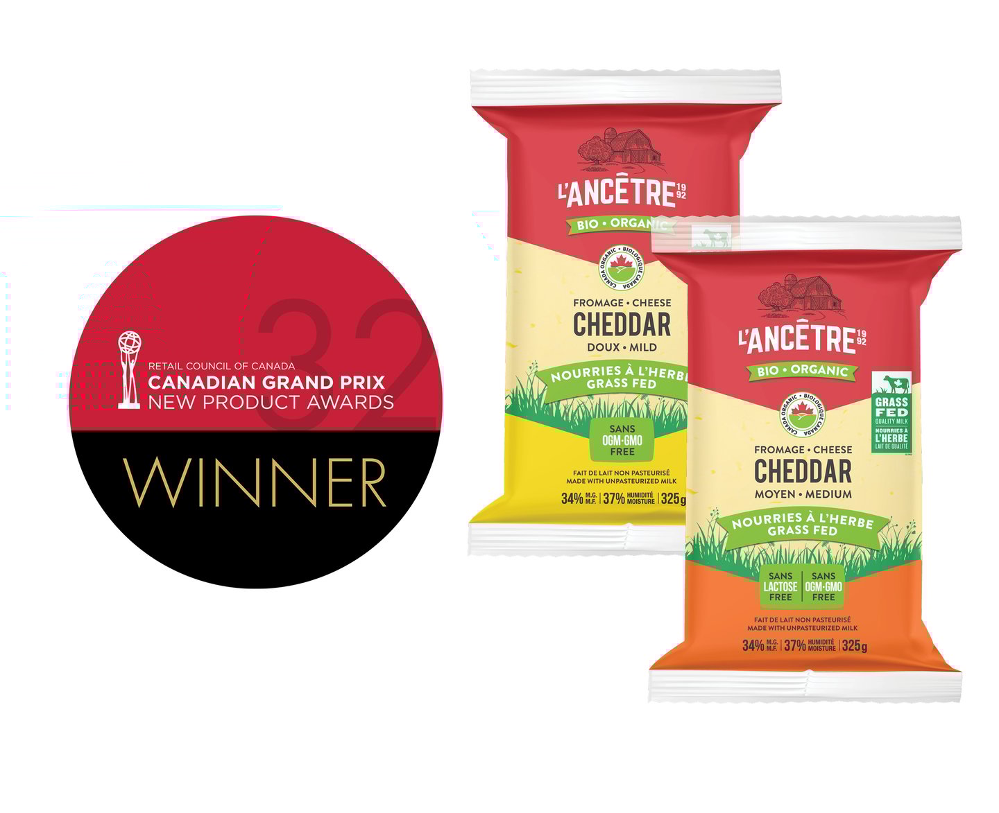 Two bags of Fromagerie L’Ancetre Organic Grass Fed Cheddar cheese next to the grand Prix winners logo