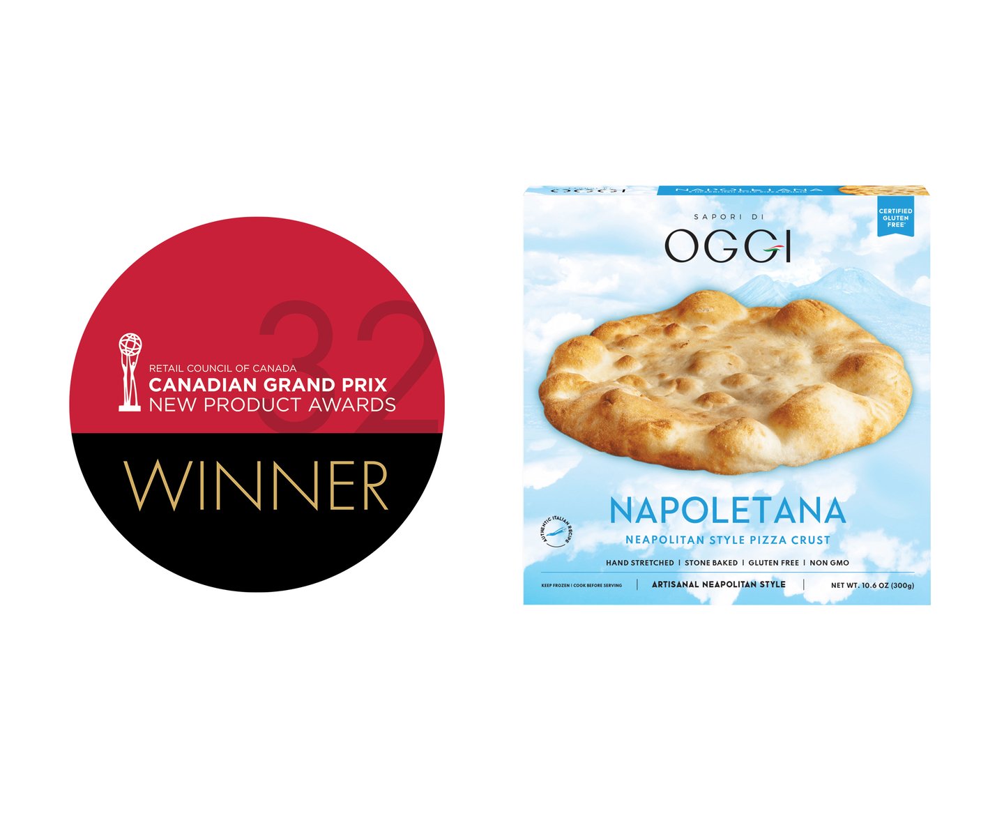 A box of Oggi pizza next to a Grand Prix winner logo