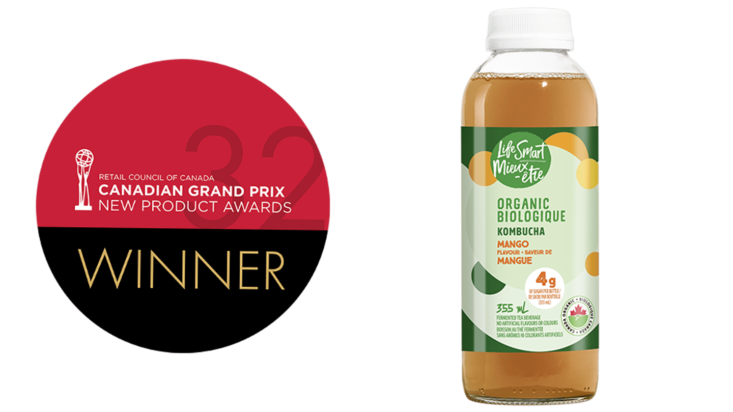 Life Smart Organic Kombucha bottle next to Grand Prix logo