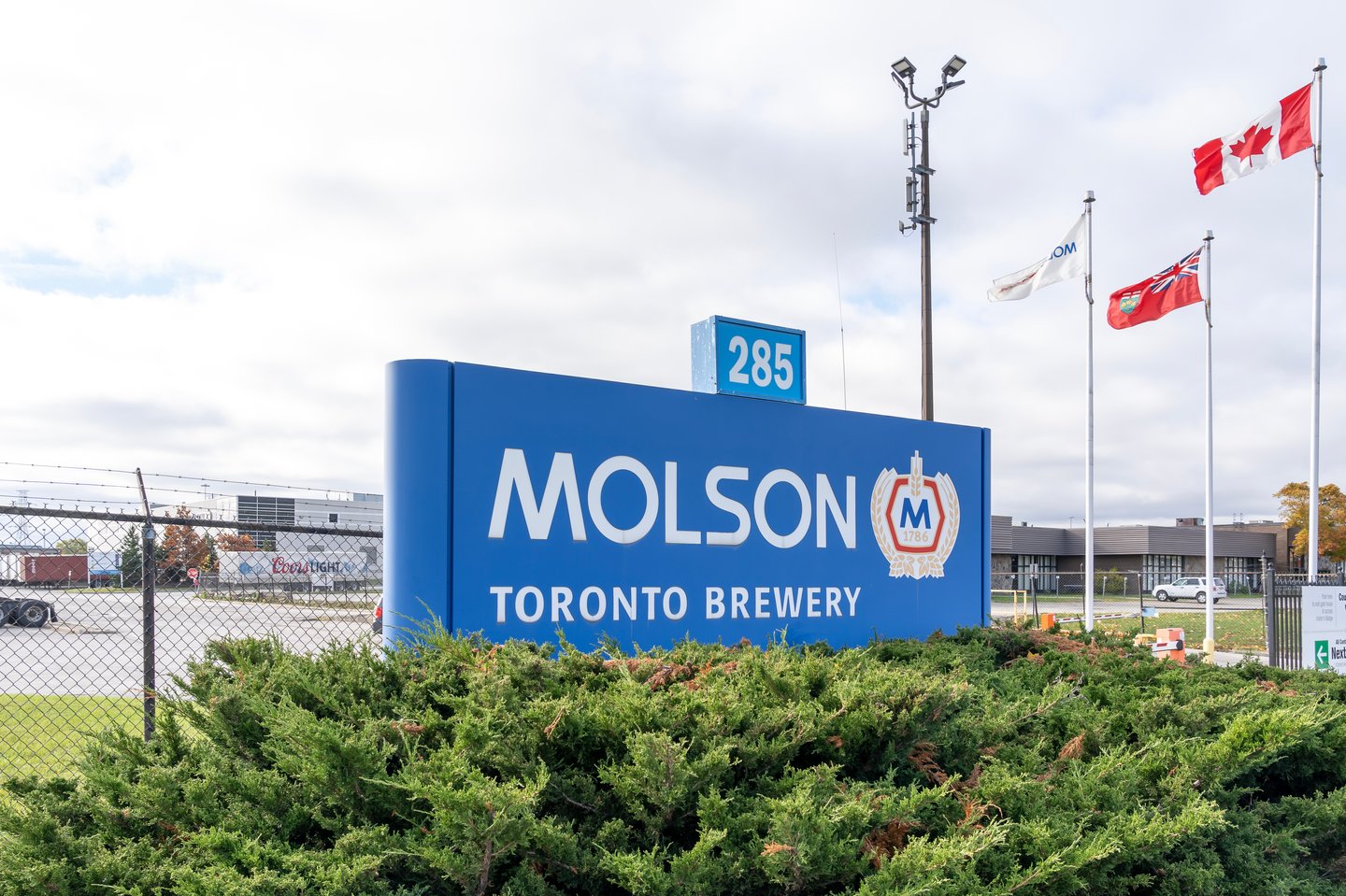 A ground sign for Molson Coors Toronto Brewery is seen in Etobicoke, Toronto, Canada. The Molson Brewery is a Canadian brewery and beer company.